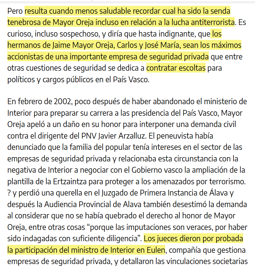 trans3unte's tweet photo. "A Jaime Mayor Oreja no le interesa que desaparezca ETA" escribía Rafael González Morera en 2011.

De cuando Mayor Oreja mezclaba negocios de familia y lucha antiterrorista.

https://t.co/99DHJIg1wJ https://t.co/DNpRx9qOn3