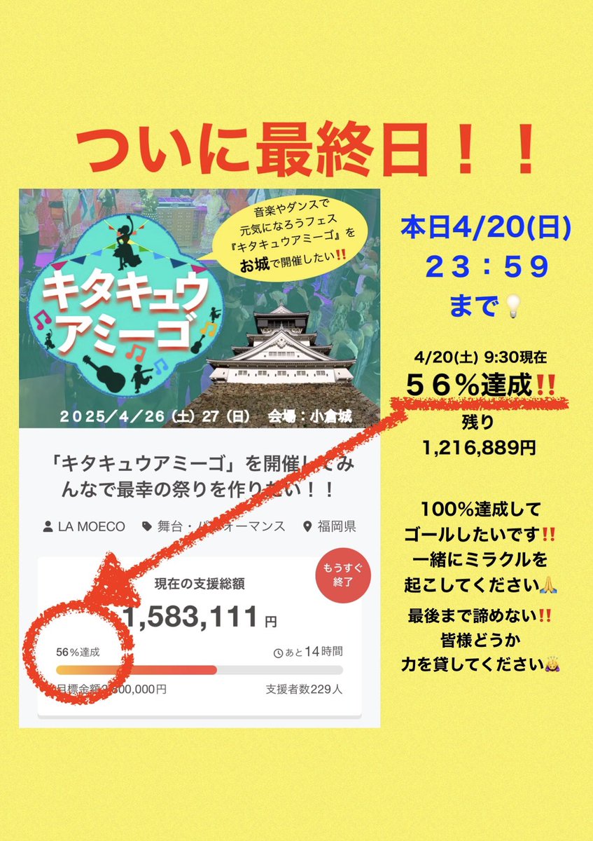 LA_MOECO's tweet photo. 【本日最終日‼️4/20(日)２３：５９まで】
クラウドファンディング終了まであと１４時間となりました💡
最後まで諦めない‼️１００％達成してゴールしたいです‼️
皆様どうかご支援、ご協力をお願いいたします🙇‍♀️

一緒にミラクルを起こしてください‼️
↓
https://t.co/ytPx8d1QC9 https://t.co/sqAWbSIu7h