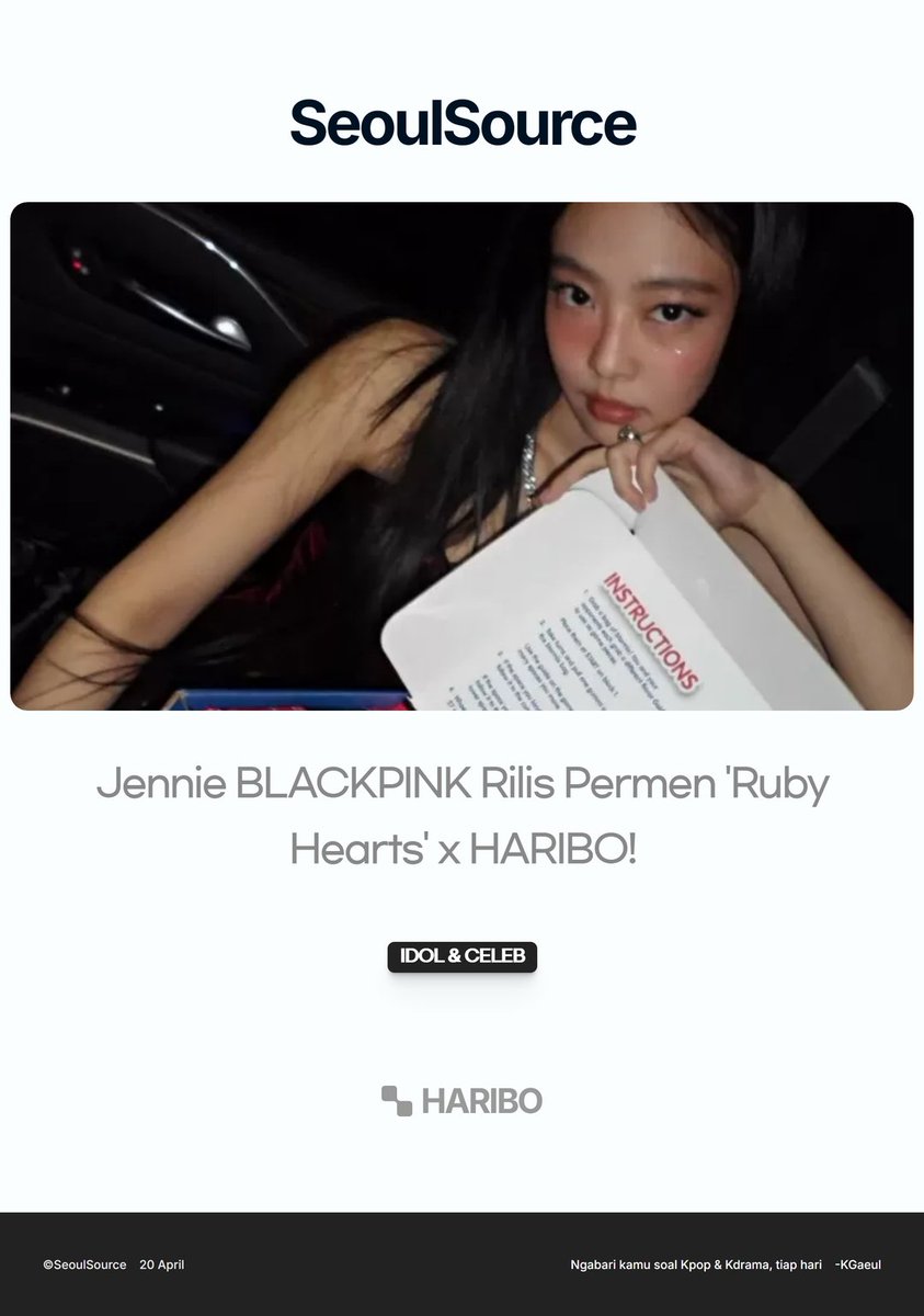 kpopdankdramaid's tweet image. Jennie BLACKPINK Kolaborasi dengan HARIBO Lahirkan Permen Gummy #RubyHearts! #Jennie #BLACKPINK #HARIBO #Kolaborasi #PermenGummy

 Selengkapnya ssmedia.my.id/2025/04/20/jen…
-K.Gaeul