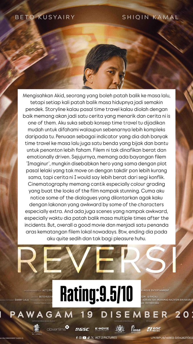 azim_azmn97's tweet photo. REVERSI. RATING:9.5/10.Filem berat dgn emosi yg berjaya guna konsep time travel dgn baik untuk cipta konflik within the character.Ending sedih
#reversi #filemreversi #moviereview #reviewmovie #reviewfilem #reviewfilemtempatan #reviewfilemlokal #filemlokal #filemtempatan #netflix https://t.co/EimQ8HmPZi