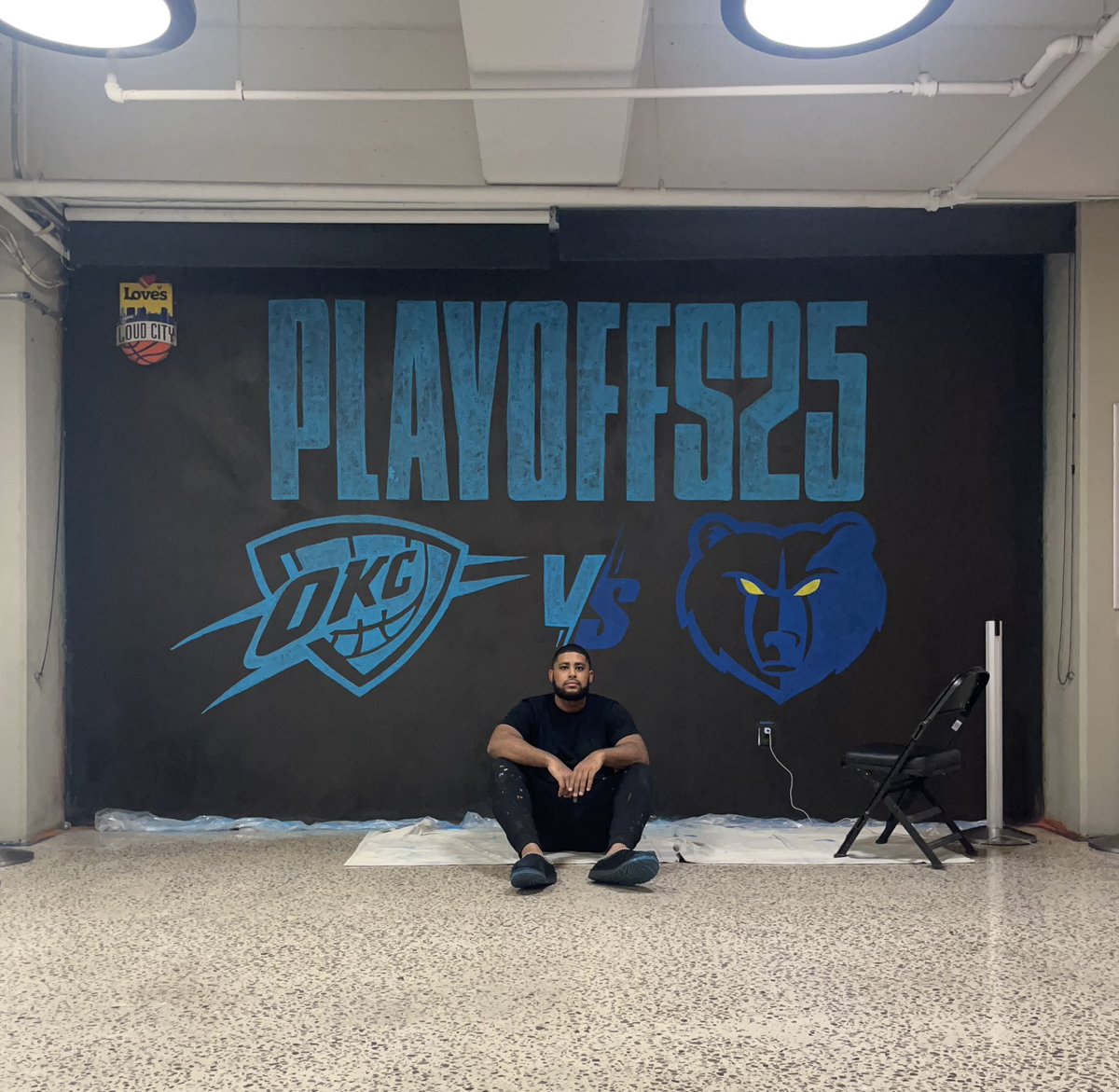 Got to do my first playoff wall for the <a href="/okcthunder/">OKC THUNDER</a> thanks for having me out. We went crazy on the black history walls now the playoffs. If you are @ the game tomorrow take as many pics as you can and tag me in them let’s go O city!! Thunder in 4!!!! 🏀