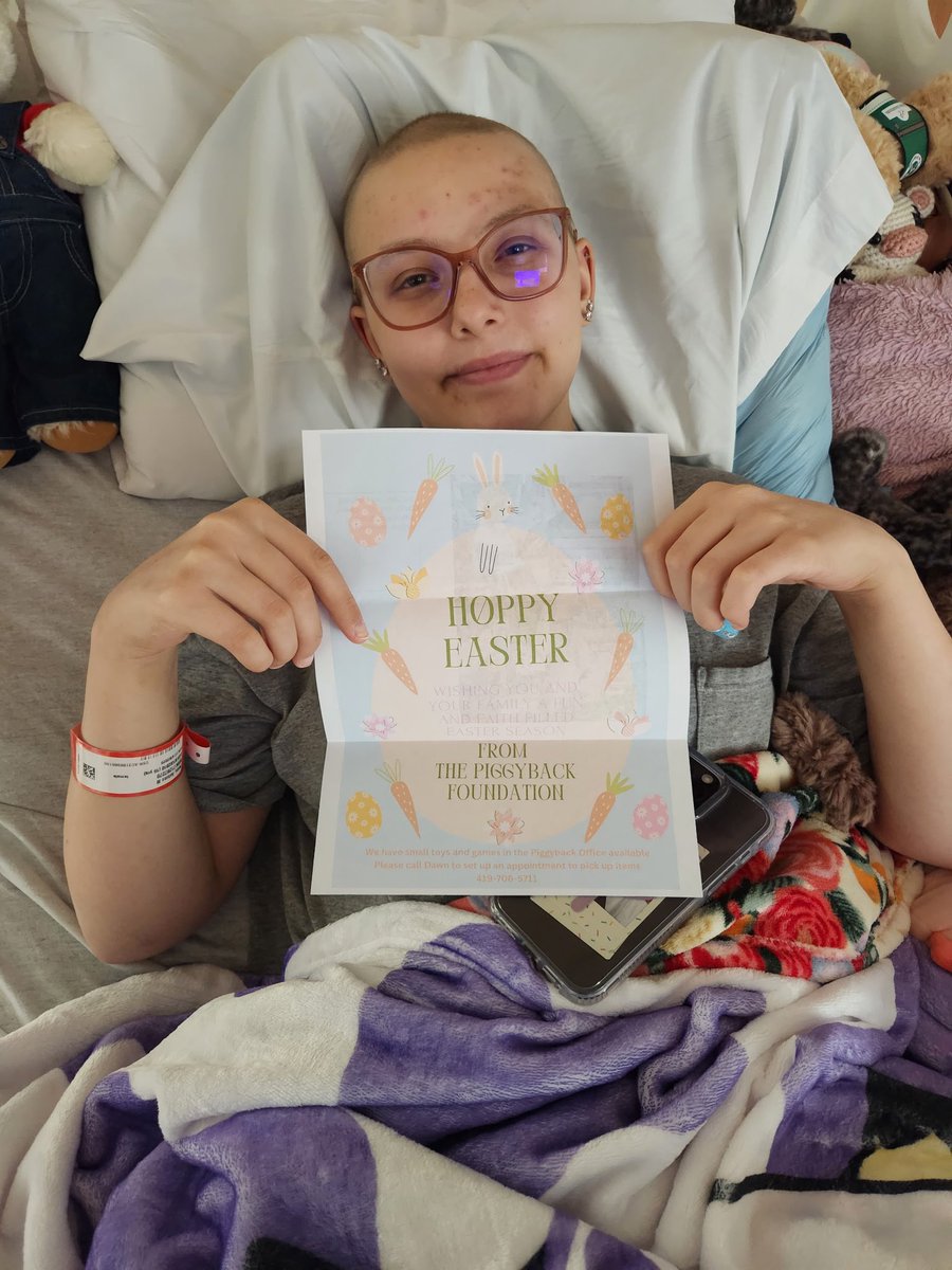 WhenPigsFlyPBF's tweet photo. Your support helped bring a smile to Autumn. She just received a bone marrow transplant. She and her mom will spend Easter at Rainbow Babies. But our Easter gifts made her smile! 
Thank you for supporting Piggyback and When Pigs Fly! https://t.co/ya3rLNbAl4