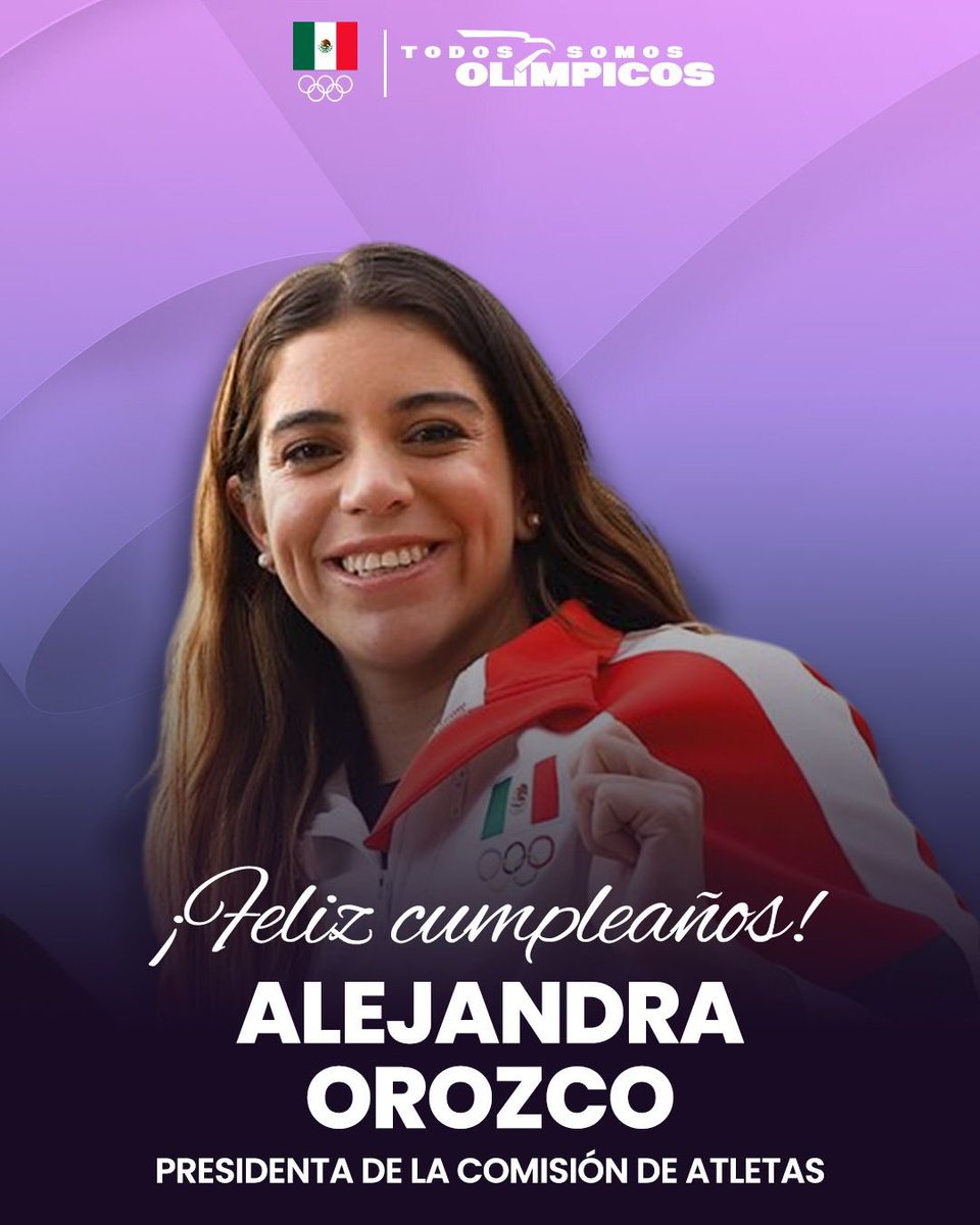 Comité Olímpico Mexicano (@com_mexico) on Twitter photo Hoy celebramos a una atleta ejemplar dentro y fuera de la plataforma.
¡Feliz cumpleaños, <a href="/AleOrozcoLoza/">Alejandra Orozco</a>!
Gracias por tu entrega, tu liderazgo como Presidenta de la Comisión de Atletas y por seguir inspirando a nuevas generaciones.
¡Que sigan los éxitos!
#TodosSomosOlímpicos Hoy celebramos a una atleta ejemplar dentro y fuera de la plataforma.
¡Feliz cumpleaños, <a href="/AleOrozcoLoza/">Alejandra Orozco</a>!
Gracias por tu entrega, tu liderazgo como Presidenta de la Comisión de Atletas y por seguir inspirando a nuevas generaciones.
¡Que sigan los éxitos!
#TodosSomosOlímpicos