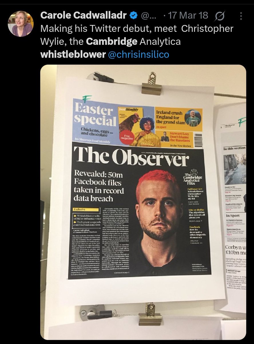 ValiMD's tweet photo. @carolecadwalla's eye-opening work with Christopher Whiley & later Shahmir Sanni (whistleblowers for Cambridge Analytica & Facebook/Vote Leave data breach & manipulations) were our only window into the #GreatBrexitCon at the time.
Most likely it's much worse now ... https://t.co/LAQ7KR2uyP