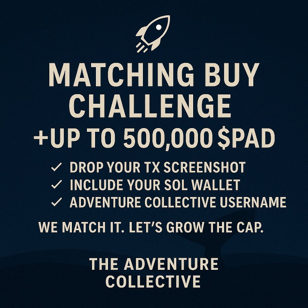 Some are fading airdrops.

Others are mapping trails, stacking $PAD, and preparing for escape velocity. 🚀

The trenches are real. But so is the upside.

🐋 Buy $PAD on Solana
🪙 We’ll match your buy up to 500,000 $PAD in your app

Drop your TX screenshot, SOL wallet, and