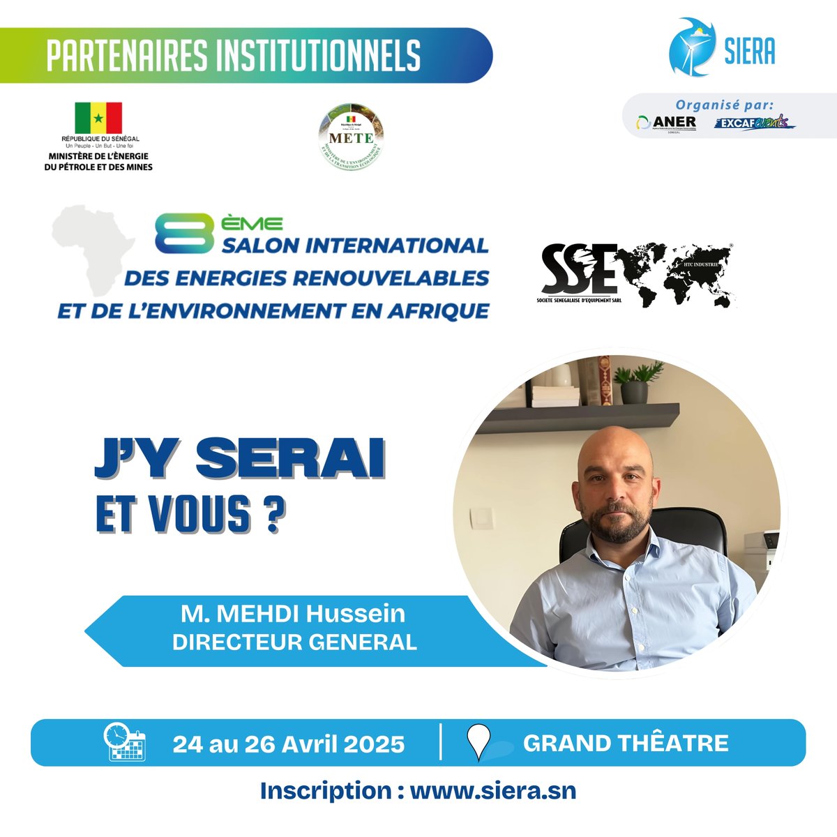 Siera2025's tweet photo. 🏗️ La SSE, sponsor majeur du #SIERA2025 !
Dirigée par M. Mamadou KEBE notre gérant, la SSE vous invite à découvrir ses projets et technologies innovantes sur son stand.
📅 24-26 avril 2025
📍 Grand Théâtre de Dakar
#SIERA2025 #SSE #Sénégal #Innovation https://t.co/yLy9ku3ALT
