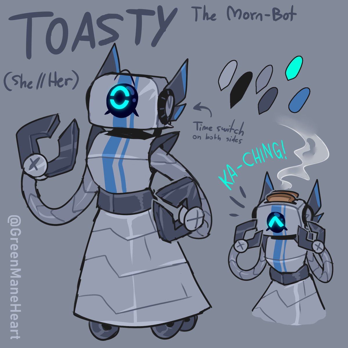 GreenManeHeart's tweet image. I made this robot name Toasty a while back. It can dispense toast for you. She’s a type of robot called Morn-Bot  🍞

She&apos;s from a series of my own, which I will share it someday. Empathronic, is the name of the series.
#robotoc #conceptart