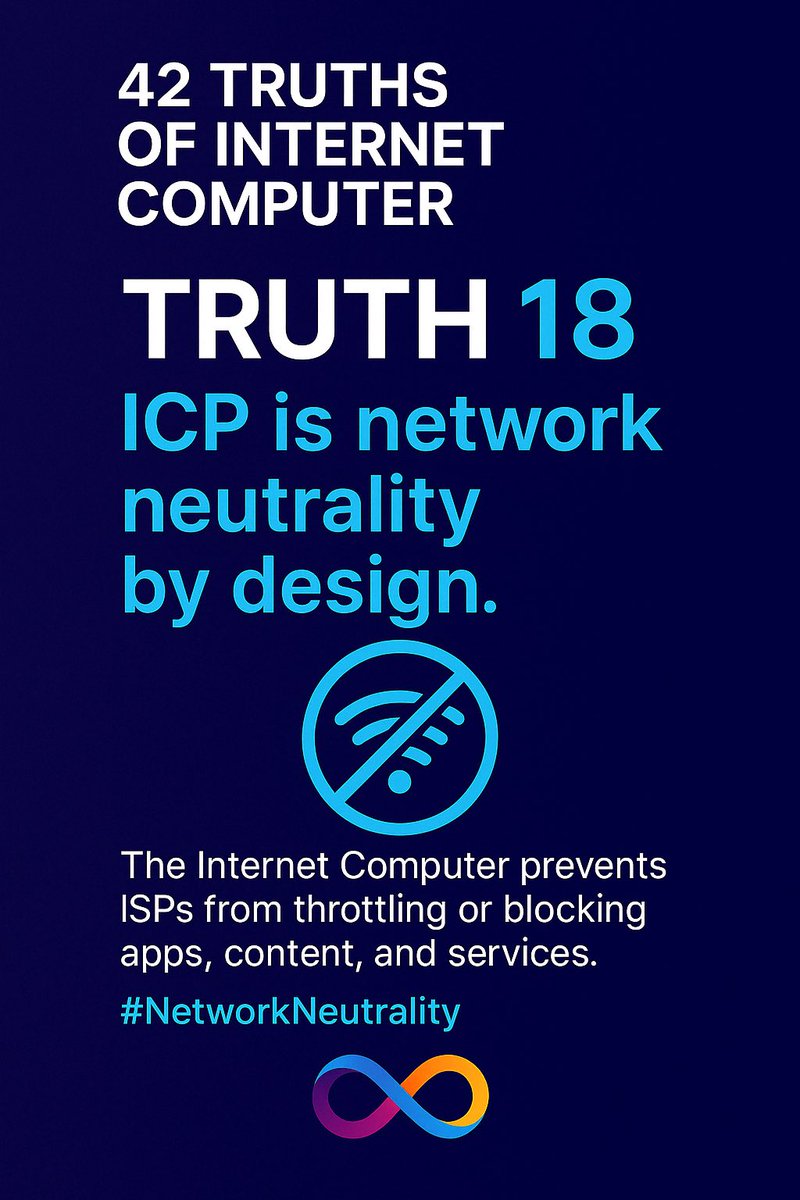 iPhelipeVR's tweet image. 42 Truths of #InternetComputer
18. #ICP is network neutrality by design.

The Internet Computer prevents ISPs from throttling or blocking apps, content, and services.

#NetworkNeutrality