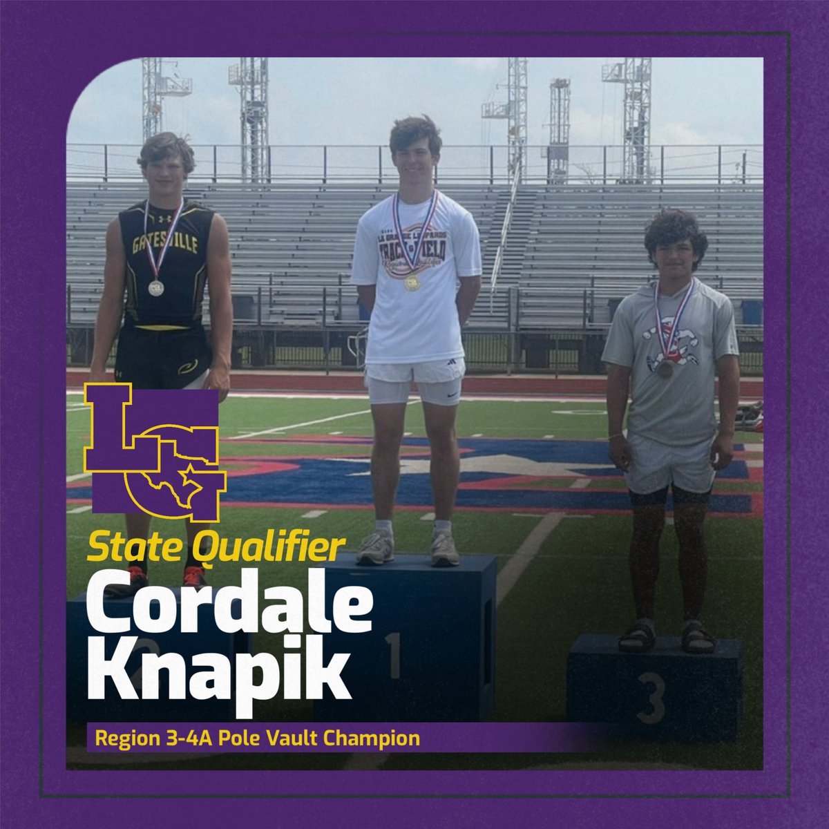 Congrats to Regional Champ Cordale Knapik! Cordale won the Pole Vault with a vault of 14ft earning him a trip to the State Track Meet