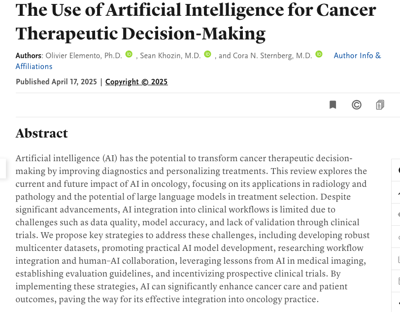 Pearl Freier (@pearlf) on Twitter photo New review of The Current State & Roadmap for AI in Cancer Treatment Decisions in <a href="/NEJM_AI/">NEJM AI</a> discusses potential of large language models/LLMs in treatment selection. By <a href="/ElementoLab/">Olivier Elemento</a> <a href="/SeanKhozin/">Sean Khozin, MD, MPH</a> <a href="/cnsternberg/">Cora Sternberg</a> (subscription $) ai.nejm.org/doi/full/10.10…. NEJM AI EIC is <a href="/zakkohane/">Isaac Kohane</a> New review of The Current State & Roadmap for AI in Cancer Treatment Decisions in <a href="/NEJM_AI/">NEJM AI</a> discusses potential of large language models/LLMs in treatment selection. By <a href="/ElementoLab/">Olivier Elemento</a> <a href="/SeanKhozin/">Sean Khozin, MD, MPH</a> <a href="/cnsternberg/">Cora Sternberg</a> (subscription $) ai.nejm.org/doi/full/10.10…. NEJM AI EIC is <a href="/zakkohane/">Isaac Kohane</a>