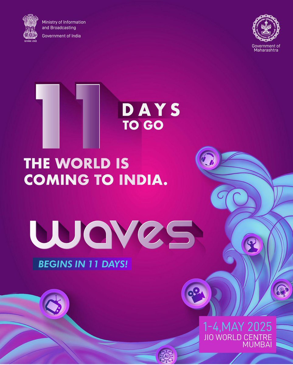 WAVESummitIndia's tweet photo. Only 11 days until creative sparks fly at WAVES 2025, where global collaborations are ready to spark fresh ideas.

Be a part of the future of Media &amp; Entertainment : https://t.co/7wGrf4KfLf

#CreateInIndiaChallenge #WAVES #WAVES2025 #WAVESIndia #WAVESummit #WAVESummitIndia https://t.co/wxpQe1y236