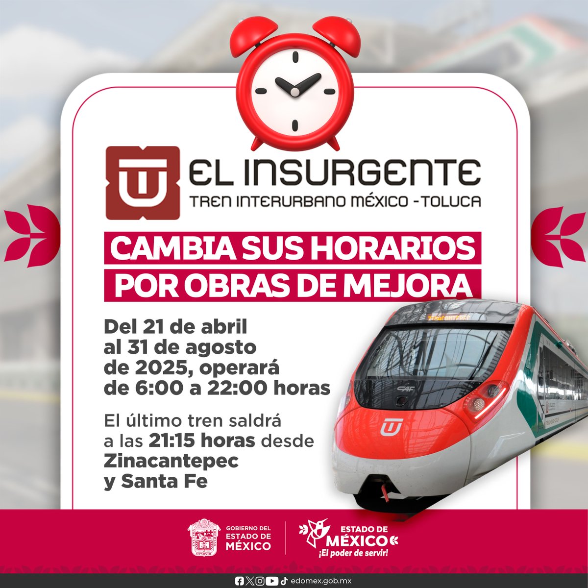 INVEA_mex's tweet photo. @Edomex I @delfinagomeza 

El Tren El Insurgente ajusta su horario de servicio del 21 de abril al 31 de agosto su objetivo es brindar un mejor servicio. 

#ElPoderDeServir https://t.co/gxuWcxgA65