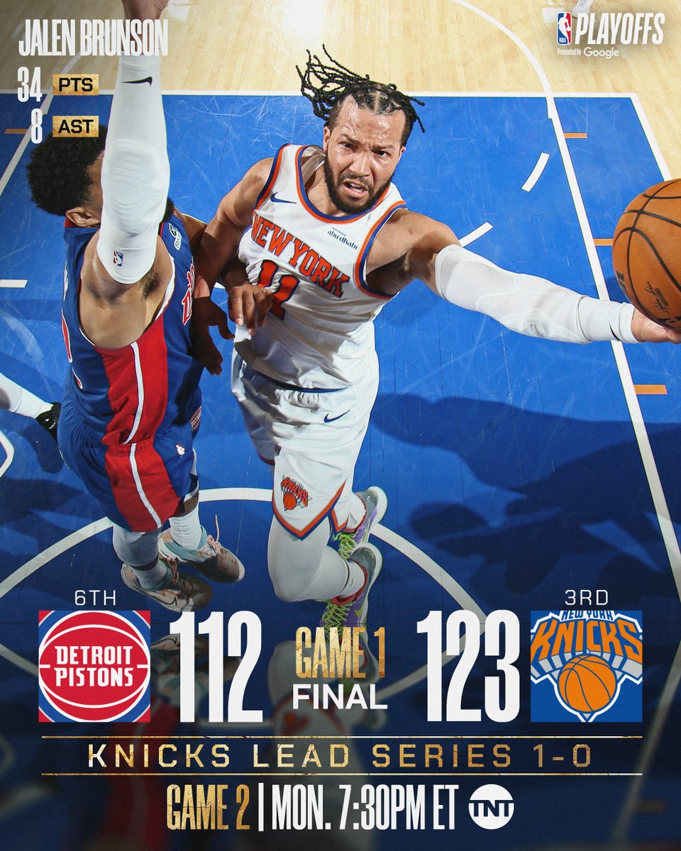NBA's tweet photo. 🏆 SATURDAY'S FINAL SCORES 🏆

Jalen Brunson scores 34 for the @nyknicks in their Game 1 victory at home! 

Karl-Anthony Towns: 23 PTS, 11 REB, 5 AST, 4 STL, 2 BLK
OG Anunoby: 23 PTS, 7 REB, 5 STL, 2 BLK https://t.co/OtKdbGmJPl