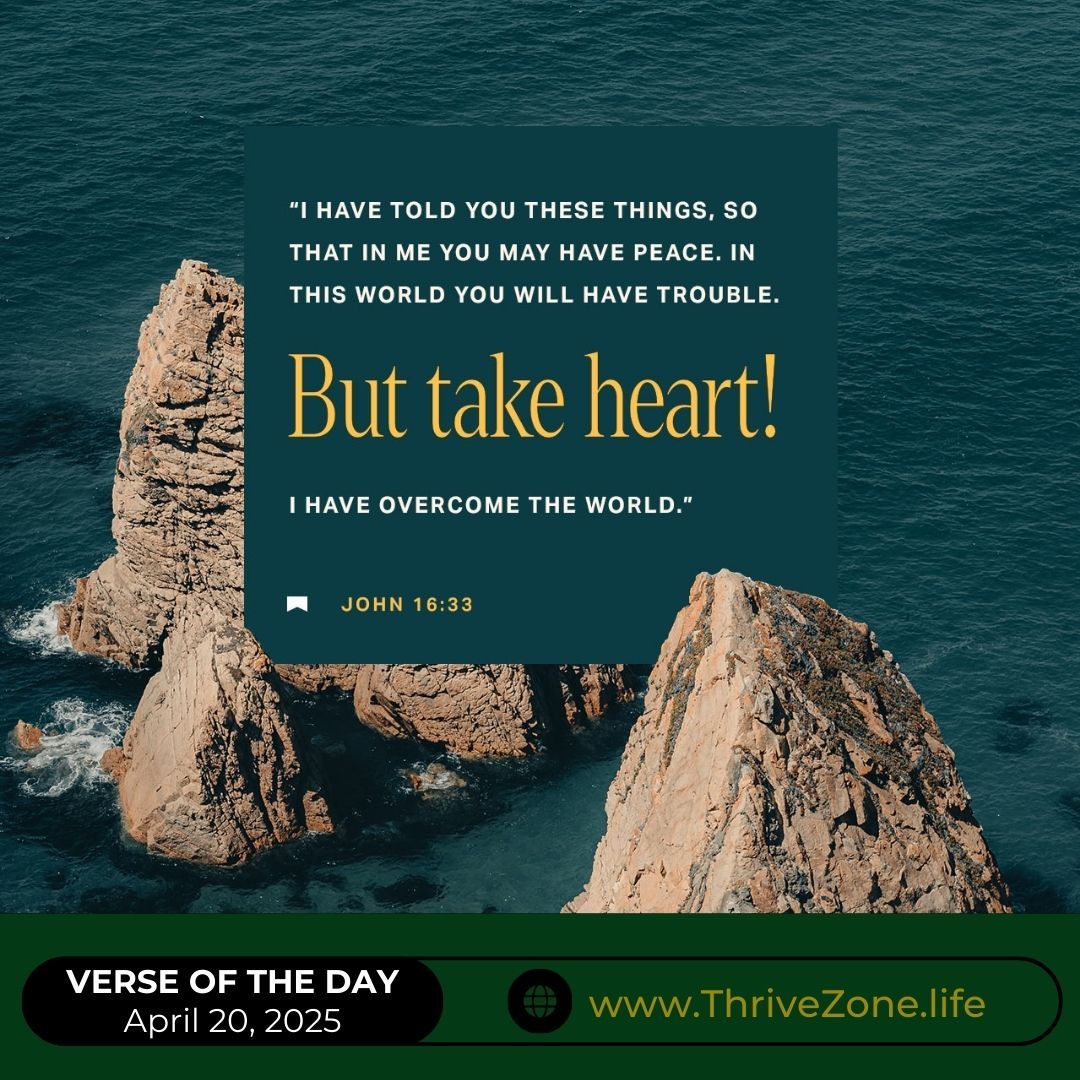 thethrivezone_'s tweet photo. Daily Inspiration 2025 - Day 110

In this world you will have trouble. But take heart! Christ has overcome the world." Find peace in His promises and let His victory give you courage today. 

🌱 #VerseOfTheDay #DailyInspiration #Inspiration #TakeHeart #PeaceInJesus https://t.co/xSYmk5NjOr