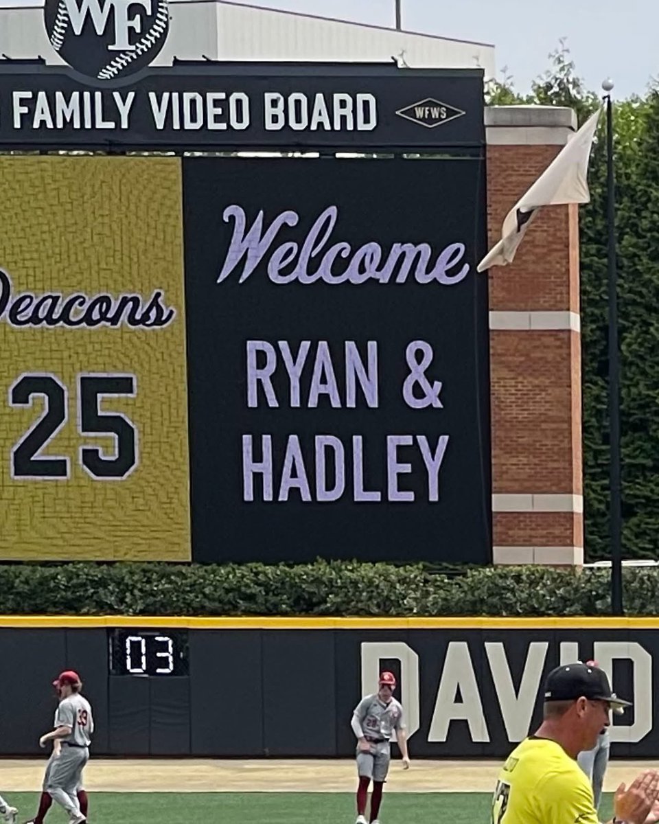 We enjoyed cheering on 16-year-old Ryan Snyder, who just rang the bell, and 4-year old Hadley Walters who is fighting leukemia as they both threw out the first pitch at Saturday’s @wakebaseball ‘s Childhood Cancer Awareness game benefiting @levinechildrensbrenner ⚾️ 💛🎗️