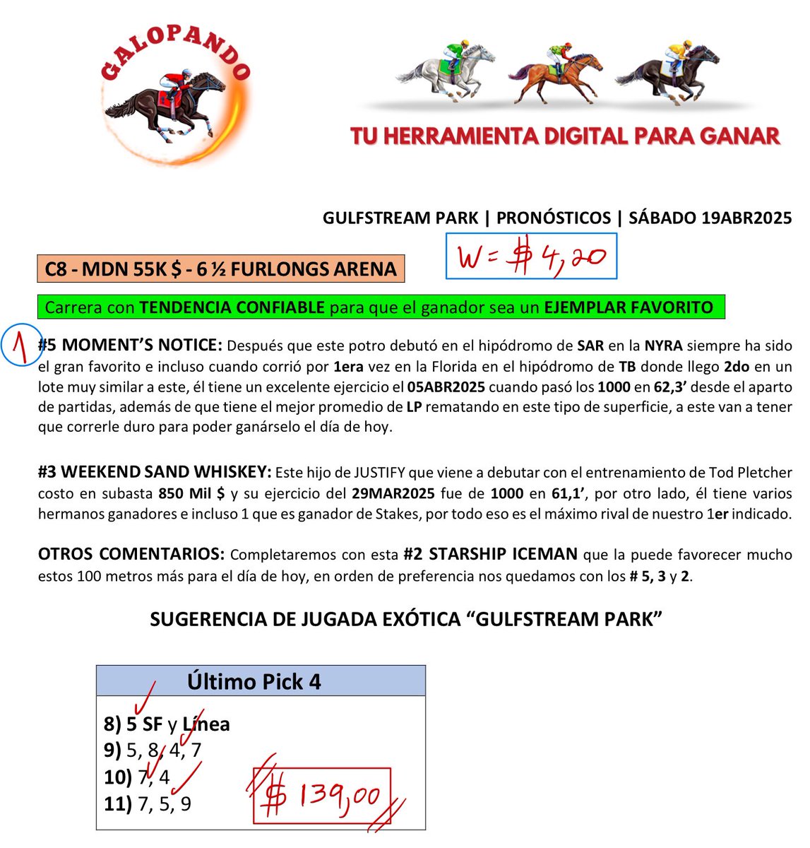 El equipo de Galopando inmenso hoy 19ABR2025 en el pronóstico para el hipódromo de Gulfstream Park.

De 11 carreras 9 aciertos con 5 primeras selecciones.

No espere más y pida su folleto por el WhatsApp del +584242228626.

Vea como informa el equipo de Galopando.