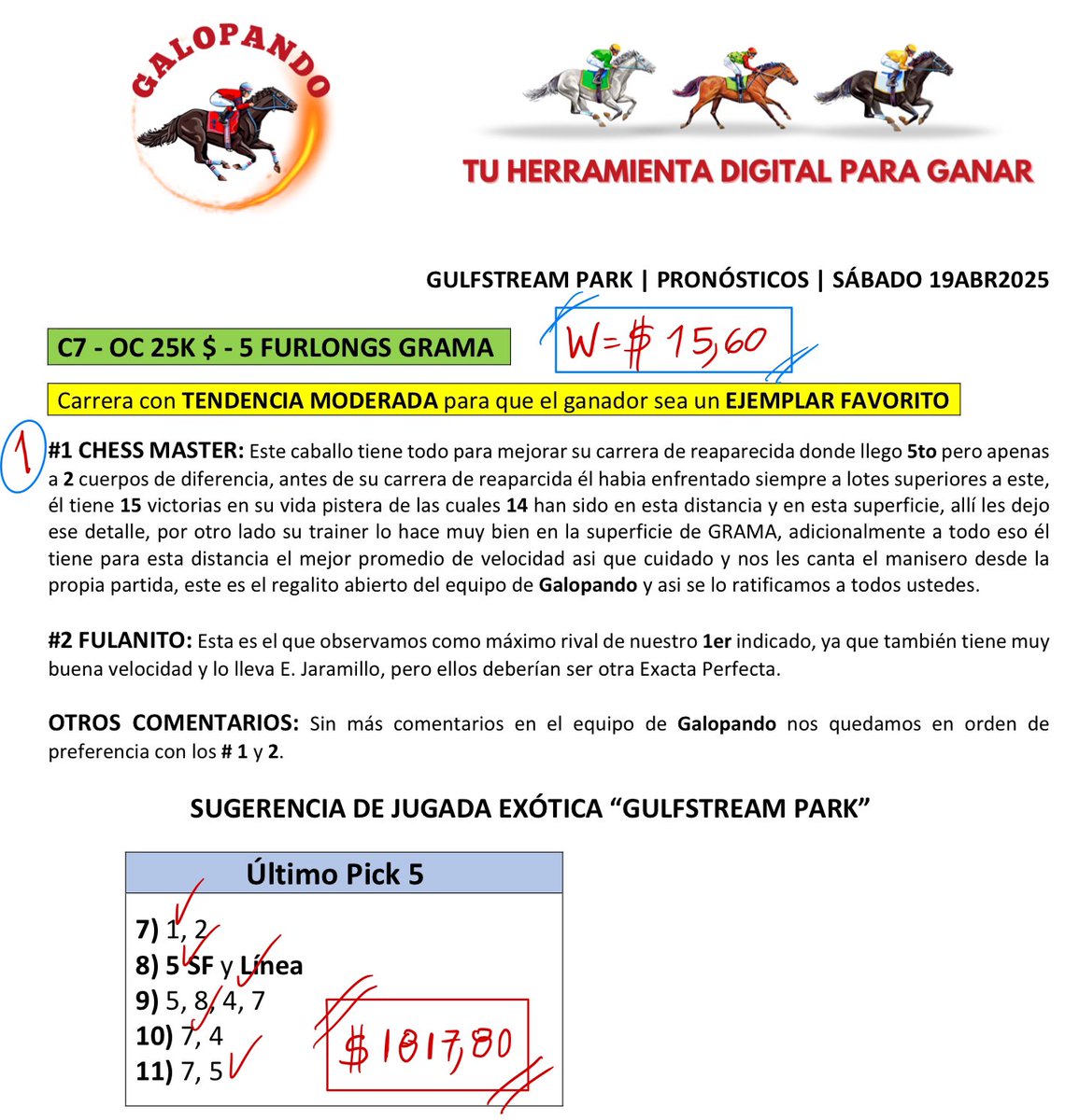 AGanar77's tweet photo. El equipo de Galopando inmenso hoy 19ABR2025 en el pronóstico para el hipódromo de Gulfstream Park.

De 11 carreras 9 aciertos con 5 primeras selecciones.

No espere más y pida su folleto por el WhatsApp del +584242228626.

Vea como informa el equipo de Galopando. https://t.co/FTpm4MF79E