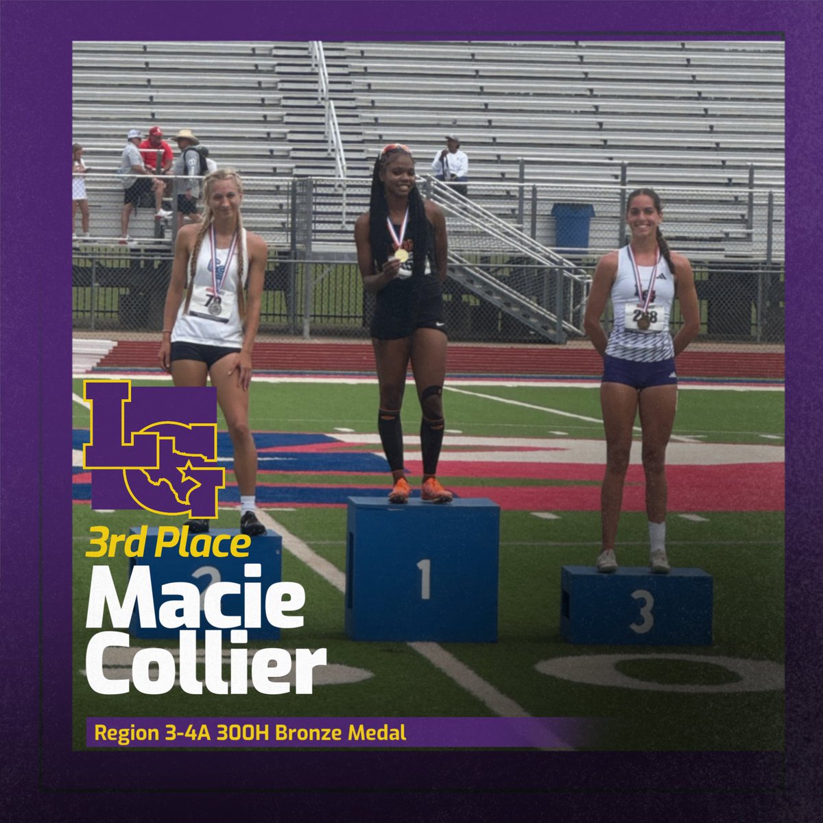 Congrats to Macie Collier on earning a Bronze Medal in the 300H at the Region 3-4A Track Meet