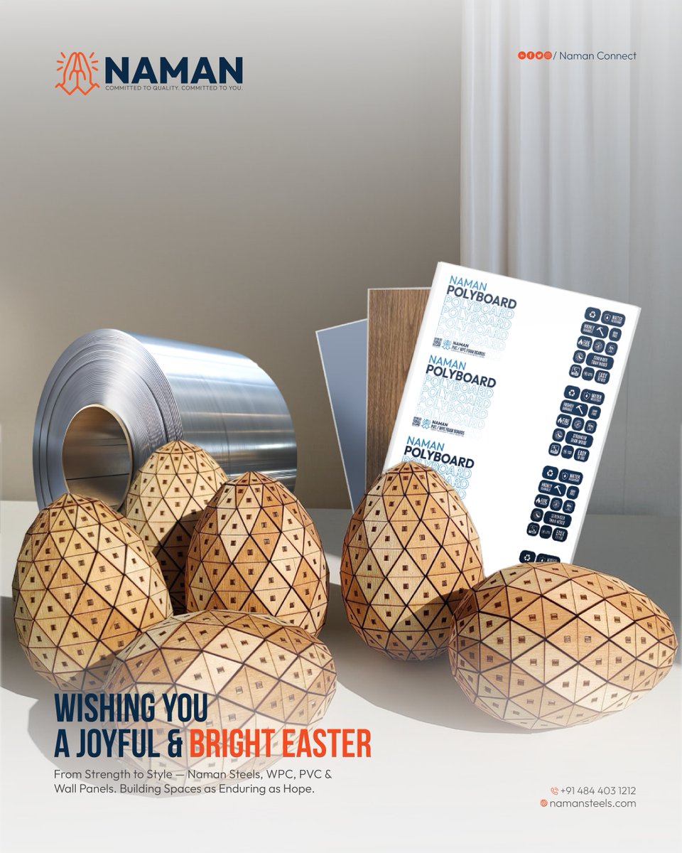 NamanConnect's tweet photo. This Easter, let new beginnings bloom in every corner of your life and every space you create.
From strong foundations to stylish finishes — Naman Steels, WPC, PVC, and Wall Panels are built to inspire.

#HappyEaster #NamanSteels #Polyboard #PVCBoards #WallPanels #BuildWithNaman https://t.co/fhZBrBfhtv