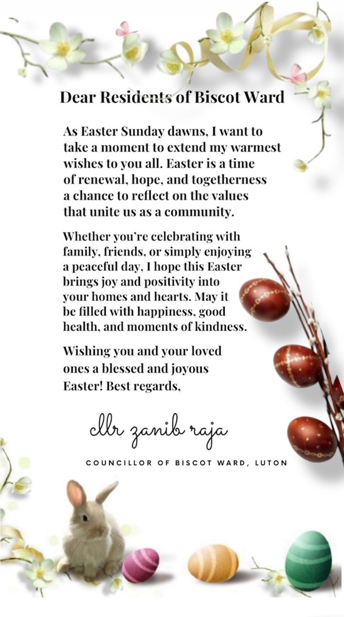 zanib_raja's tweet image. Happy Easter to all who are rejoicing today,
May this day bring light, hope, &amp;amp; renewal to your hearts &amp;amp; homes. 🐣 🌺 

Wishing you a truly blessed day. 💛✨ 

#HappyEaster #BlessingsForAll #JoyInSpring #CllrZanibRaja #Biscot #Luton