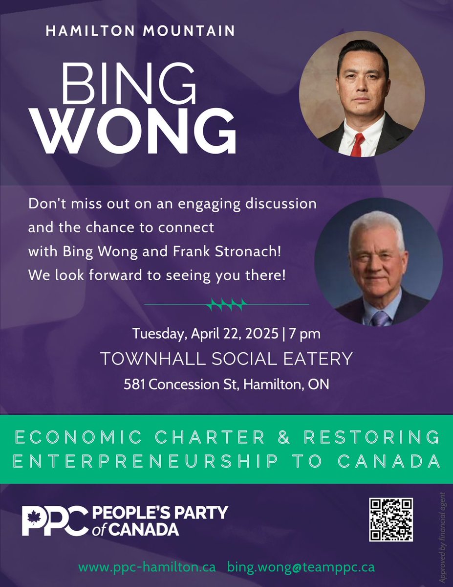 peoplespca's tweet photo. You're invited to an evening of truth, courage, and common sense with Bing Wong, your candidate for Hamilton Mountain!

It will be held on Tuesday, April 22 at 7 PM in Townhall Social Eatery.

Enjoy an engaging discussion and the chance to connect with Bing and Frank Stronach! https://t.co/jqMWBf5zk3