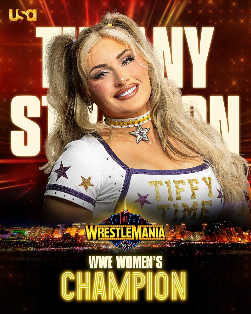 USANetwork's tweet photo. It's STILL Tiffy Time! Tiffany Stratton retains against Charlotte Flair in her WrestleMania debut! #WrestleMania https://t.co/9HwAcfpu5O