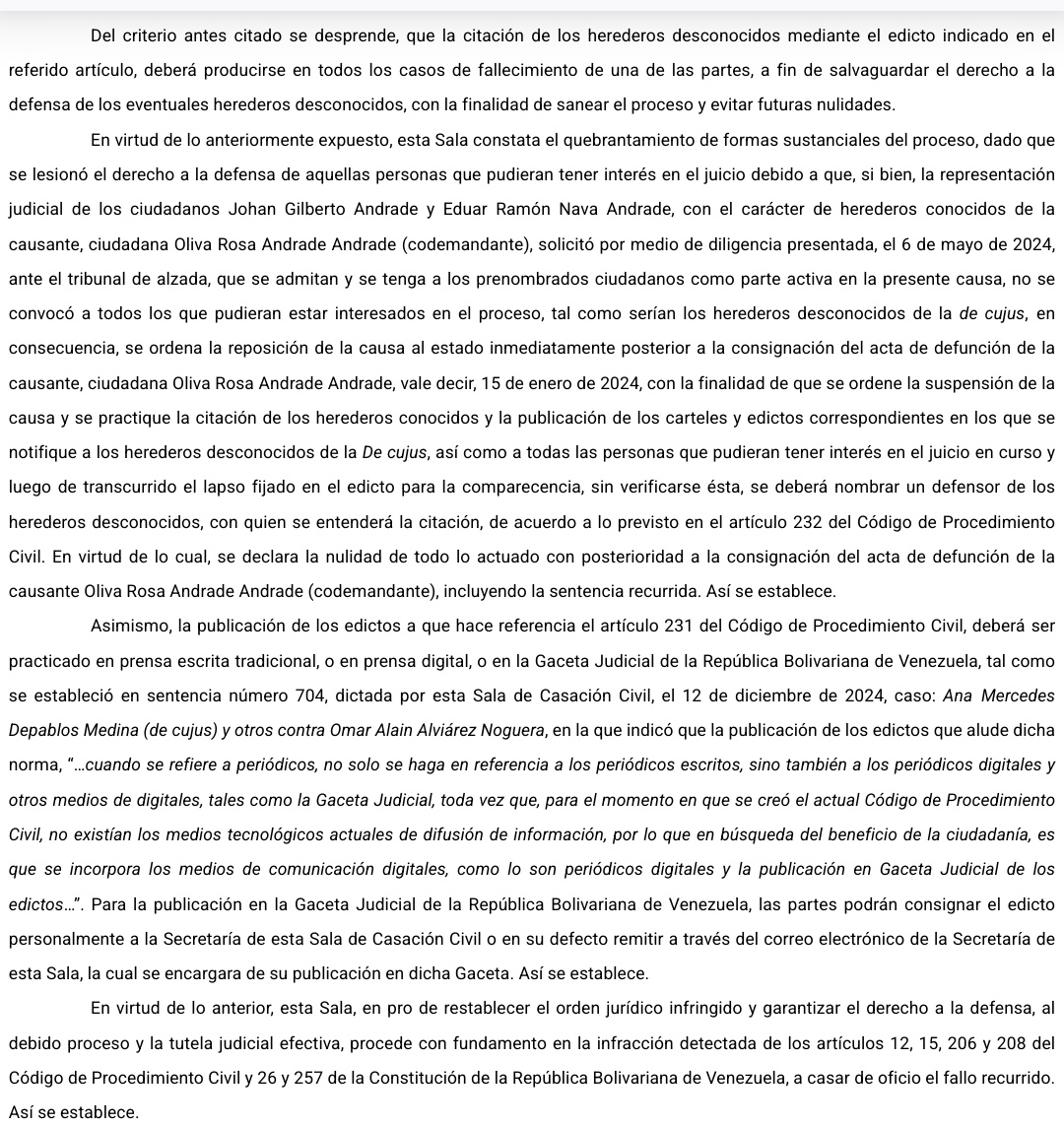 WilsonGomezGB's tweet photo. Sentencia N° 000100 del 19/03/2025 Sala de Casación Civil @TSJ_Venezuela Rendición de cuentas. Citación de los herederos desconocidos mediante el edicto. Publicación de los edictos deberá ser en prensa escrita, o en prensa digital, o en la Gaceta Judicial. https://t.co/PEyobtrdXf https://t.co/osMkXaUvCE