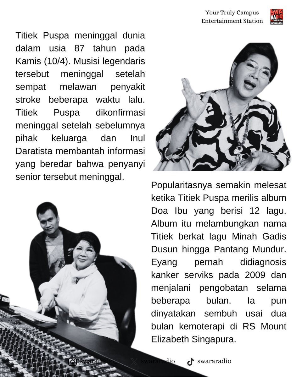 [NEWS UPDATE]

Titiek Puspa meninggal dunia dalam usia 87 tahun pada Kamis (10/4). Musisi legendaris tersebut meninggal setelah sempat melawan penyakit stroke beberapa waktu lalu.

#titiekpuspa #restinlove #ISwaraU #swararadio #AprilAlwaysShine