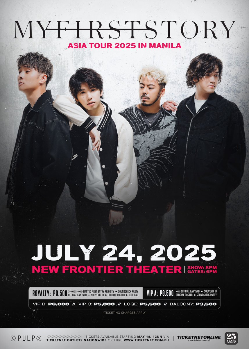 philconcerts's tweet photo. MY FIRST STORY ASIA TOUR 2025 in MANILAon July 24, 2025, at the New Frontier Theater.

Tickets available starting May 18, 2025, at 12PM via TicketNet outlets and https://t.co/c80wJHrrKz 🎫

#MYFIRSTSTORYinMANILA @pulpliveworld https://t.co/HPSMYbUxLW