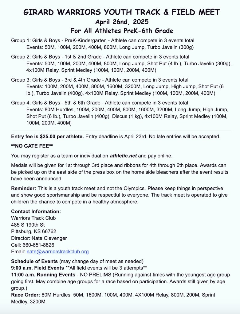Kpreps.com (@kpreps) on Twitter photo ๐จ Youth Track Meet๐จ ๐๐โโ๏ธ๐โโ๏ธ
*Great opportunity to get introduced to track & field! <a href="/girardwarriors/">Warriors Track Club</a>
โ๏ธAGES โก๏ธPre-K to 6th Grade
โ๏ธWHEN โก๏ธ Saturday, April 26th
โ๏ธWHERE โก๏ธ Girard HS (Girard Kan.)
โ๏ธ ENTRIES โก๏ธ due by April 23rd
Details ๐ ๐จ Youth Track Meet๐จ ๐๐โโ๏ธ๐โโ๏ธ
*Great opportunity to get introduced to track & field! <a href="/girardwarriors/">Warriors Track Club</a>
โ๏ธAGES โก๏ธPre-K to 6th Grade
โ๏ธWHEN โก๏ธ Saturday, April 26th
โ๏ธWHERE โก๏ธ Girard HS (Girard Kan.)
โ๏ธ ENTRIES โก๏ธ due by April 23rd
Details ๐