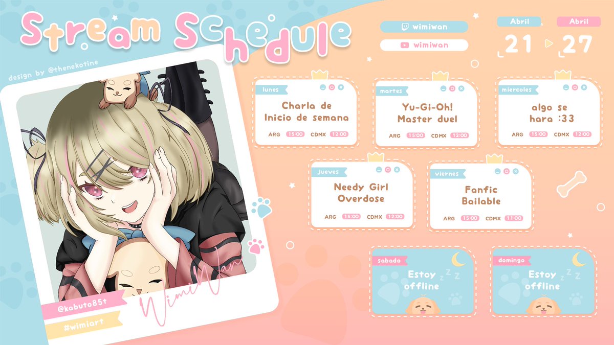 wimiwan's tweet photo. 🐾21.4〜 27.4🐾
https://t.co/8BGcEs5fvM ☆ https://t.co/Y91t5ZD0Of
¡Horario de esta semana! ૮₍ ´ ꒳ `₎ა
primera semana de emowan! 👀
🦴TAGS ૮ฅ・ﻌ・აฅ :
🎨 Arte: #Wimiart 〜🔞: #NSFWimi
🔴 Stream: #WANLive #wimiwan
🍞 Meme: #Wimeme https://t.co/Zk9C6k0SG7