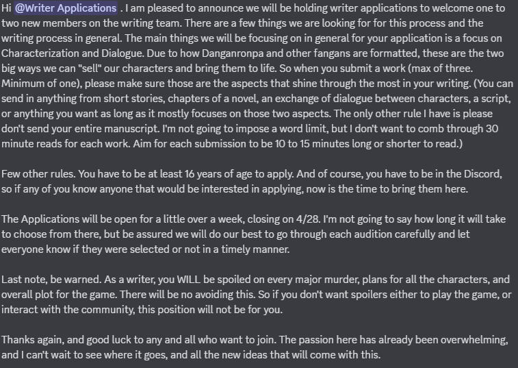 FatalDichotomy's tweet photo. The Haven Dev team has a special announcement for you all, we are opening up writer applications!!

https://t.co/xLP8u1krVH

Below is a message from our head writer going into more specifics https://t.co/lxFJH5DakX