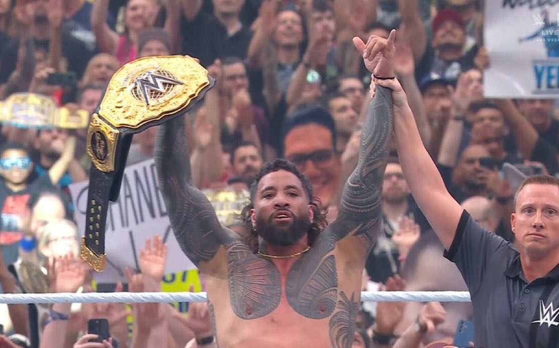 Therealillyi's tweet photo. New World Heavy YEET Champion! Congrats Jey! #WrestleMania    #YEET https://t.co/GuF7cfKF2A