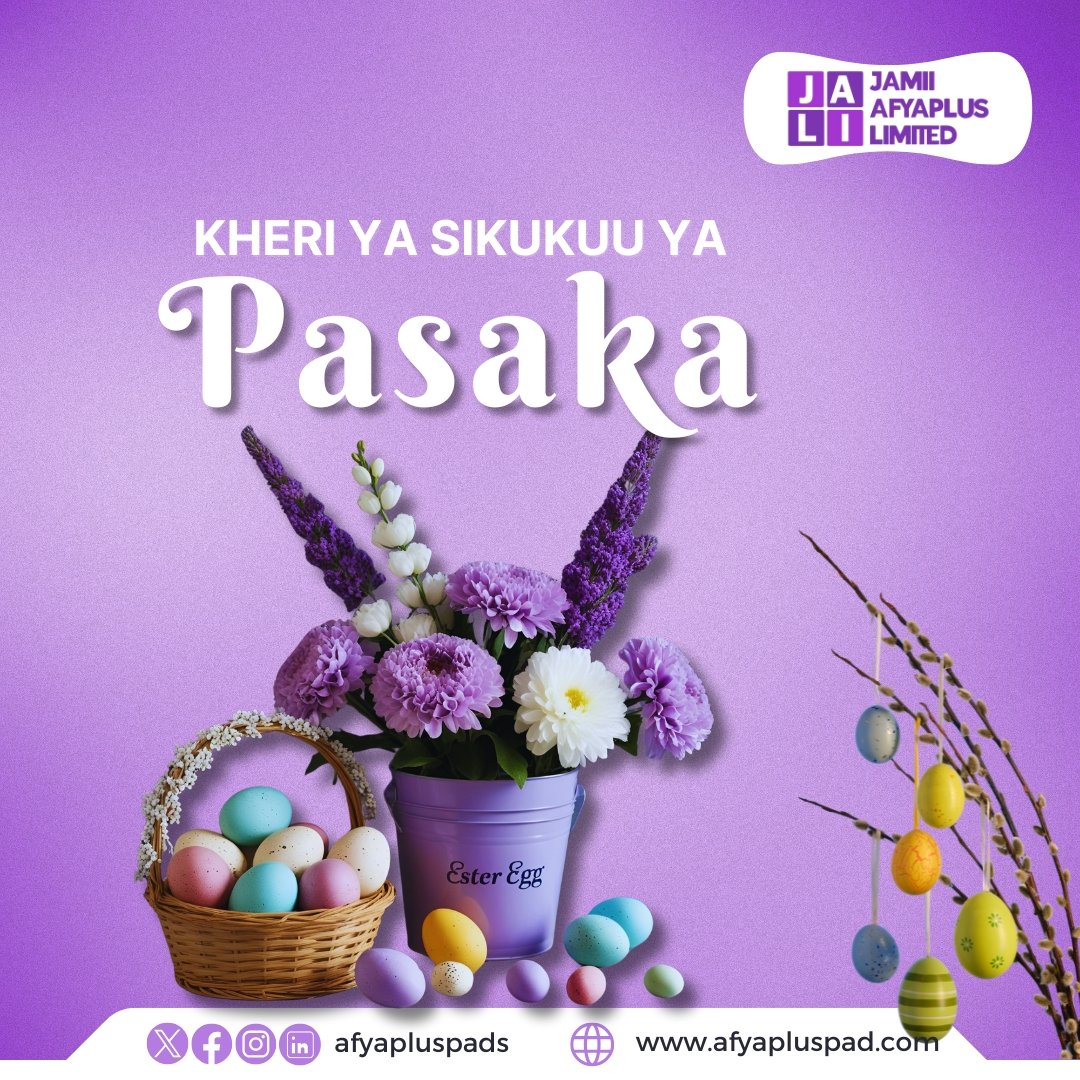 Afyapluspads's tweet photo. Tunawatakia wateja wetu wote na Watanzania kwa ujumla Kheri ya Sikukuu ya Pasaka.

Iwe ni siku ya furaha, upendo, amani na matumaini mapya kwa maisha yenu na familia zenu 💜🕊
Tunawathamini sana na tunajivunia kuwa sehemu ya safari yenu.

Pasaka Njema kutoka kwetu Jamii Afyaplus https://t.co/GYpTYcOMmb