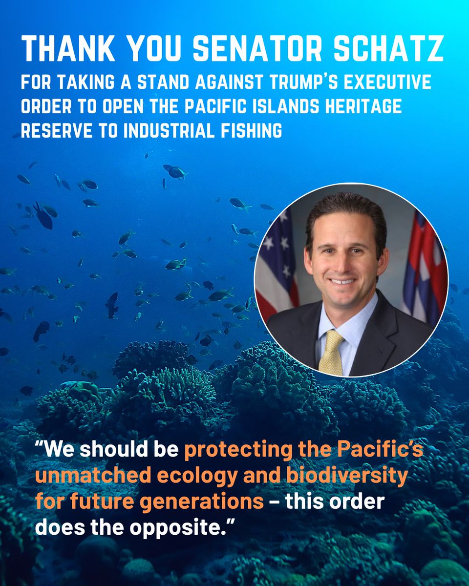Thank you, <a href="/SenBrianSchatz/">Senator Brian Schatz</a>, for taking a stand against Trump’s Exec Order to open the Pacific Islands Heritage Marine National Monument to industrial fishing. 

We stand by you in saying NO to this unlawful action.

Read the full statement: 
schatz.senate.gov/news/press-rel…