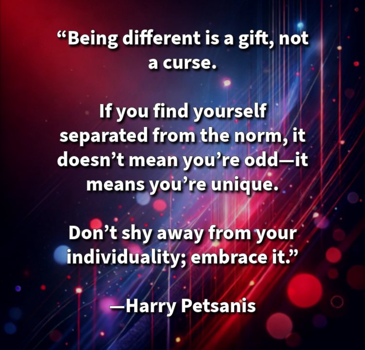 harrypetsanis's tweet image. “Being different is a gift, not a curse.

If you find yourself separated from the norm, it doesn’t mean you’re odd—it means you’re unique.

Don’t shy away from your individuality; embrace it.”

—Harry Petsanis

#EmbraceIndividuality
#BeDifferent
#AuthenticSelf