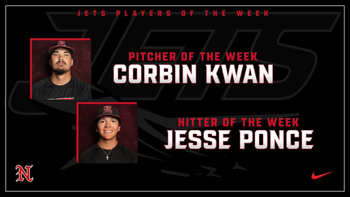 Northern Oklahoma College Jets Baseball (@nocenidjets) on Twitter photo Here are your Jets Players Of The Week for the series win over Western!✈️‼️
Pitcher of the Week:
<a href="/corbkwan17/">corbin</a>: 5 IP, 2 H, 0 ER, 4 K
Hitter of the Week:
<a href="/Ponce_Jesse12/">Jesse Ponce</a>: 10-17 (.588 AVG), 3 2B, 11 RBI, 5 R, 2 BB, SB Here are your Jets Players Of The Week for the series win over Western!✈️‼️
Pitcher of the Week:
<a href="/corbkwan17/">corbin</a>: 5 IP, 2 H, 0 ER, 4 K
Hitter of the Week:
<a href="/Ponce_Jesse12/">Jesse Ponce</a>: 10-17 (.588 AVG), 3 2B, 11 RBI, 5 R, 2 BB, SB