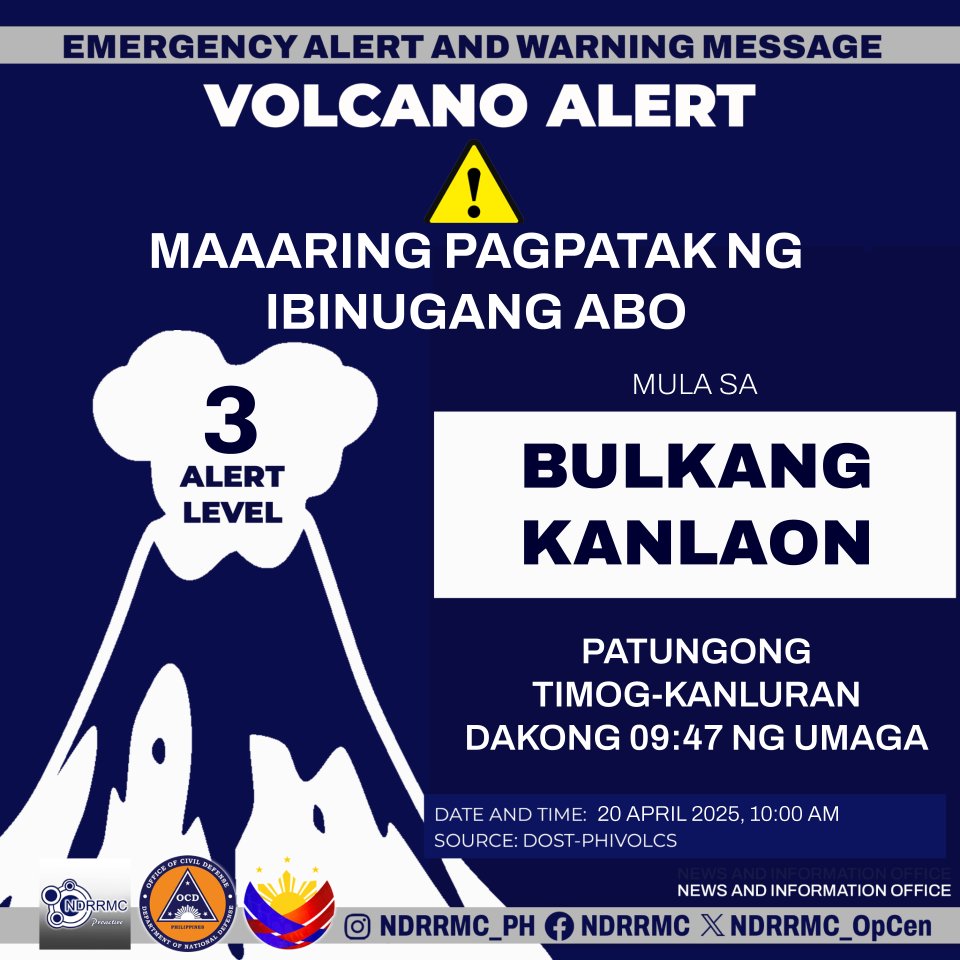 NDRRMC_OpCen's tweet image. Maging Alerto, mga lalawigan ng Negros Occidental at Negros Oriental!

NDRRMC (10:00AM, 20Apr25) Lahat ay pinag-iingat sa maaaring pagpatak ng abo na ibinuga ng Bulkang Kanlaon patungong timog-kanluran dakong 09:47 ng umaga.

#Kanlaon
#NDRRMC
#BawatSegundoMahalaga
