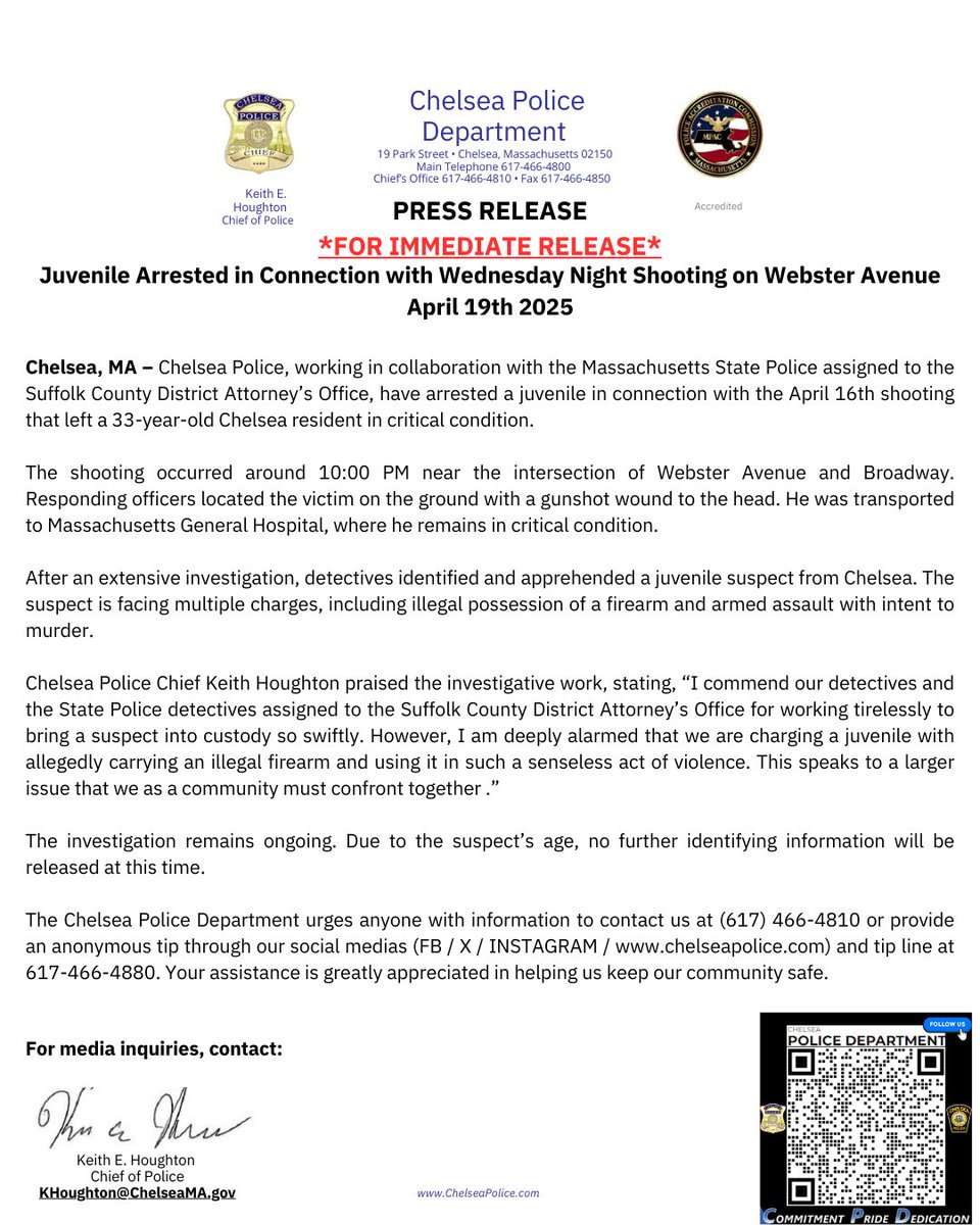 CityofChelseaPD's tweet photo. PRESS RELEASE
*FOR IMMEDIATE RELEASE*
Juvenile Arrested in Connection with Wednesday Night Shooting on Webster Avenue (4-19-25)

https://t.co/bmdcGpqWu8 https://t.co/4tF389Qn7n