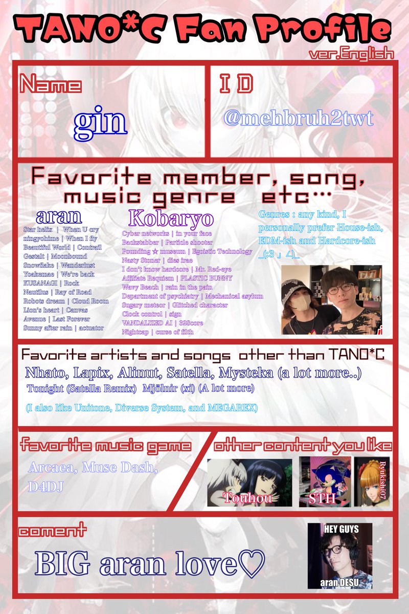 mehbruh2twt's tweet image. ♪ Updated pin!
- Hello, call me gin. I do illustrations! Most of the time it’s aran or tano*c related! Sometimes touhou!
- I won’t follow back unless you are an illustrator or just a person that has the same interest as me!
- if my posts make you feel uncomfortable ❌follow