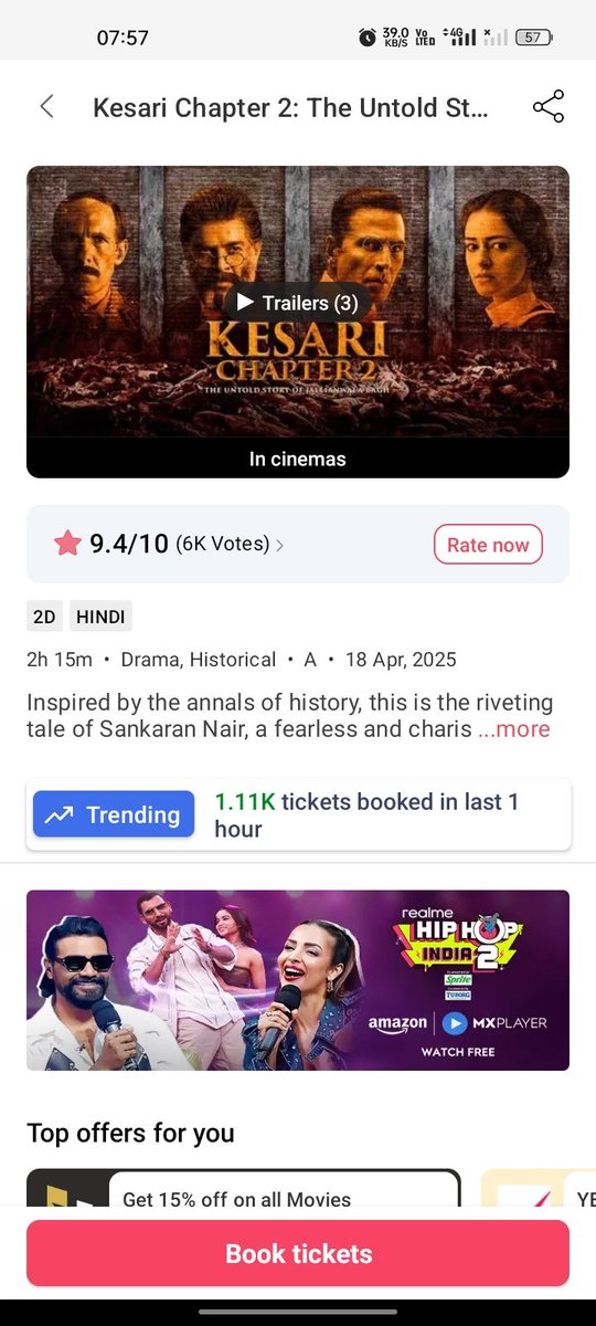 Akkikum25438841's tweet photo. Early morning #KesariChapter2 trending on book my show, people are very excited for this film, abhi mai bed par hi hu aur yaha 1k per hour trending start v ho gya hai, 
Jai ho #Aksha https://t.co/dlPTLQDzg2