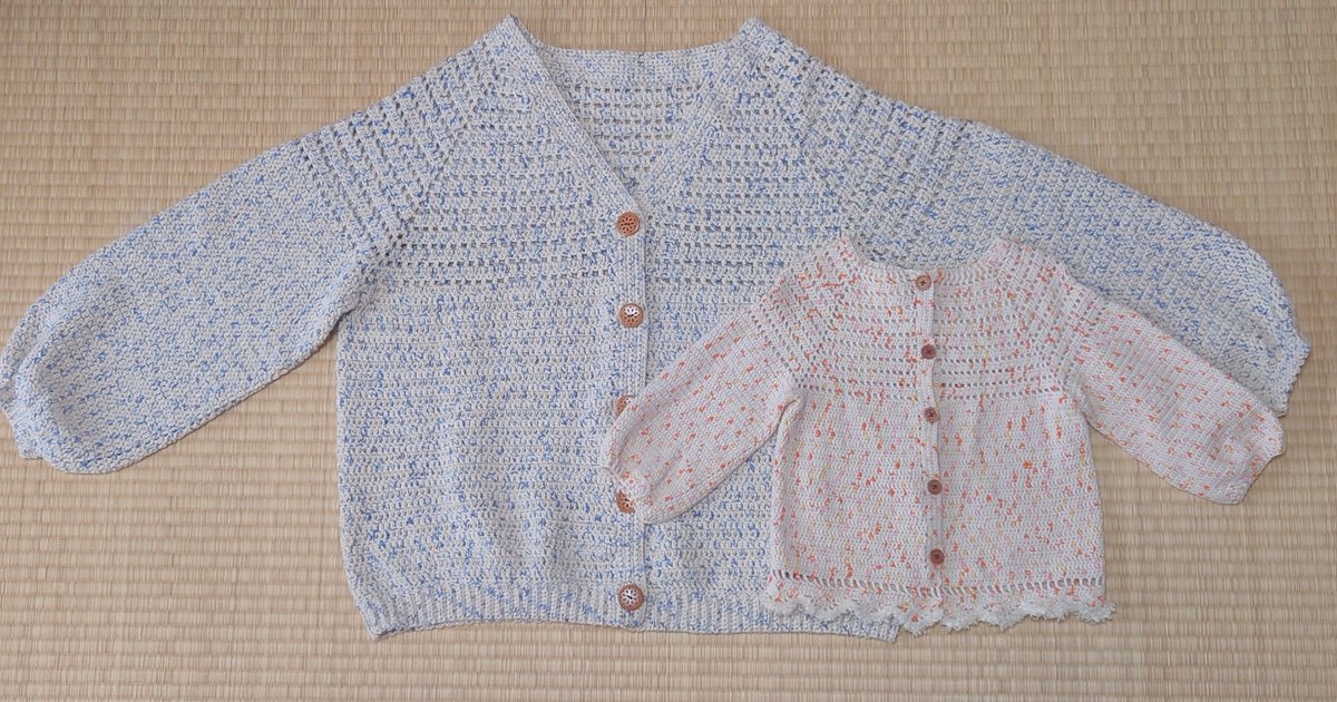 roa_handmade_'s tweet photo. 娘とお揃いのカーディガン完成！
デザインは首周り、裾、袖口を少し変更してみた

使用毛糸
セリア ノハナ NO.6　
2本取り　かぎ針5号
玉数忘れた…多分60玉くらいかな？ https://t.co/RjLp6Y9DGa
