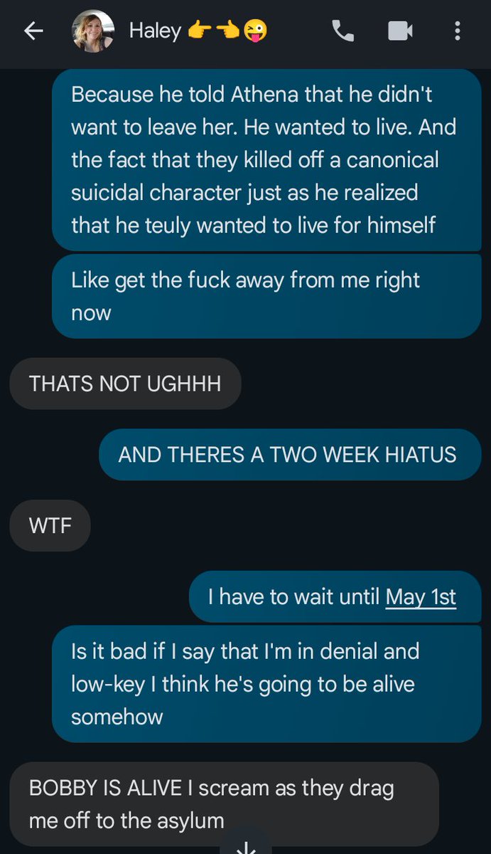 chey033's tweet photo. Me explaining to my friend who does not watch 911 how Bobby can be alive 😭 #911onABC #BOBBYNASHISALIVE https://t.co/F7AIomi2QB