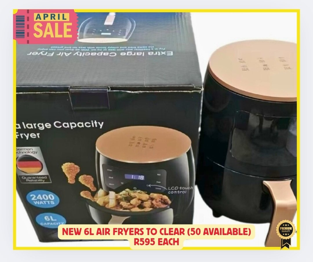 HugoWBF's tweet image. TO CLEAR (50 available)✅️ 6L Air Fryers 
💥R 595 each💥
WhatsApp: 079 303 9674 or 064 741 9388 
Call: 086 136 6099 
Email: info@shopperdeals.co.za 
shopperdeals.co.za