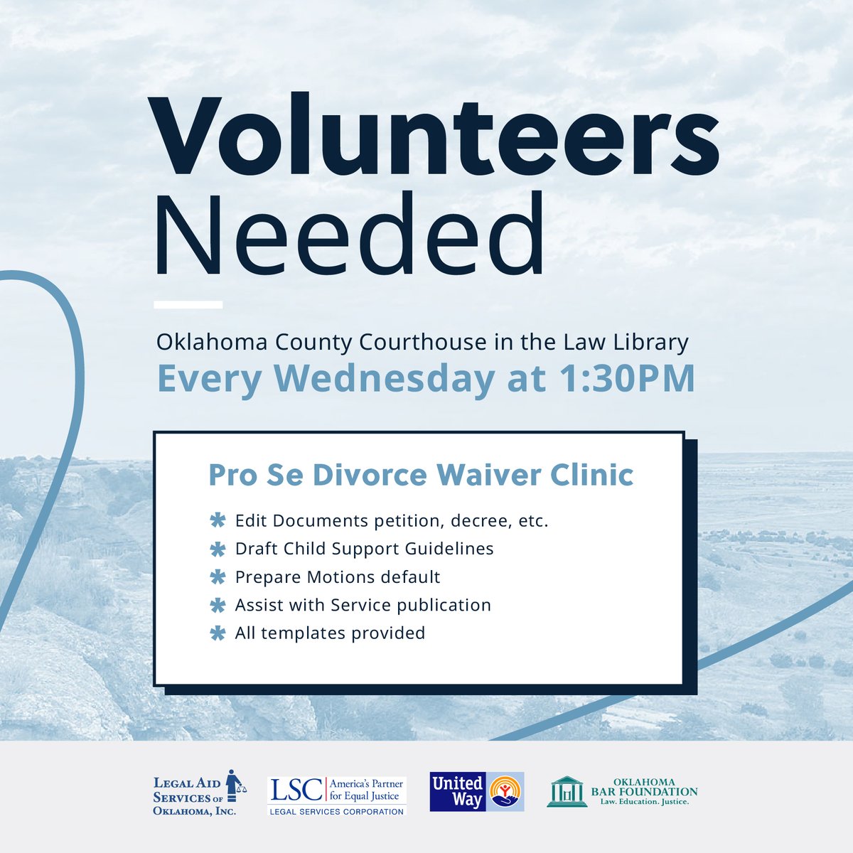 Private bar attorneys ⚖️ Interested in volunteering but have limited availability? The Pro Se Divorce Waiver Clinic may be a great fit. It's once a week (Wed), no more than 4 hours, and you choose when you attend. Learn more and sign up at bit.ly/LASO-PSWDC