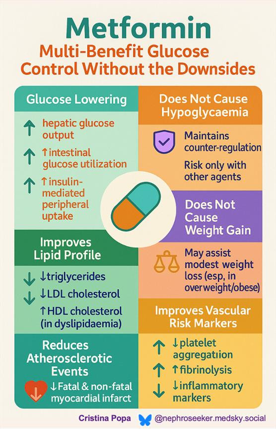 Dr Priti MD,FASN🇮🇳 (प्रिति) (@priti899) on Twitter photo 🔔Metformin has always been my first-line antidiabetic!
🟠Not just for its blood sugar magic🍭 ✨ but so many added benefits too!
Rarely had to stop it due to side effects 🚫
This infographic nails it! <a href="/NephroSeeker/">Cristina Popa 🦋</a>
#Metformin #DiabetesCare <a href="/NephJC/">Nephrology Journal Club</a>
📊💊❤️ 🔔Metformin has always been my first-line antidiabetic!
🟠Not just for its blood sugar magic🍭 ✨ but so many added benefits too!
Rarely had to stop it due to side effects 🚫
This infographic nails it! <a href="/NephroSeeker/">Cristina Popa 🦋</a>
#Metformin #DiabetesCare <a href="/NephJC/">Nephrology Journal Club</a>
📊💊❤️