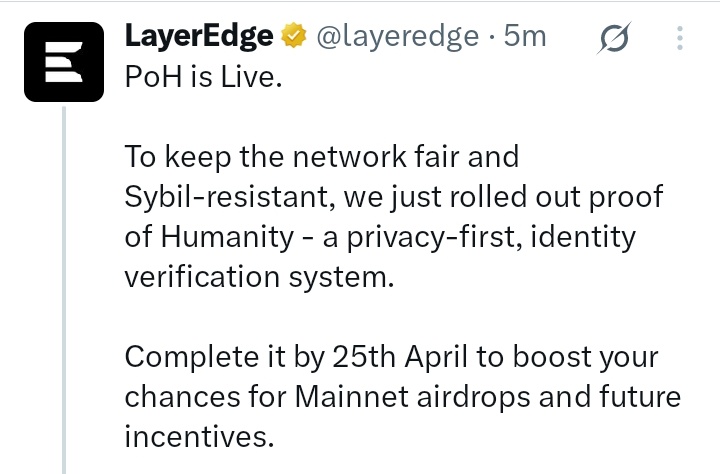 Julydurand's tweet photo. LayerEdge Proof Of Humanity (PoH) is LIVE 🔥

... complete it before April 25 to be safe.

#LayerEdge #Airdrop $PI #PI #PiNetwork $BLUM #BLUM #Yaps #Kaito #KaitoAI @KaitoAI $SOL $SUI #Depin #BTC $MON #Monad #Trump #DonaldTrump https://t.co/UfsgWq3j4F