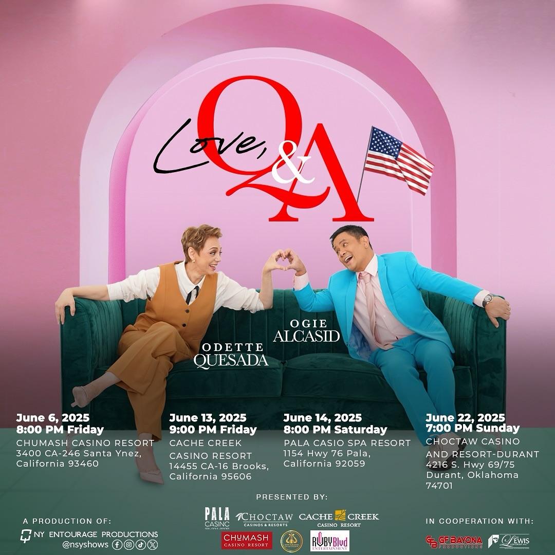 OgiesMinionsOfc's tweet photo. Fall in love all over again!
@ogielcasid & @OdetteQuesada bring you the LOVE Q&A USA Tour!
๐ค June 6 โ Chumash Casino
๐ถ June 13 โ Cache Creek
๐น June 14 โ Pala Casino
โค๏ธ June 22 โ Choctaw Resort
Let the music speak your heart!
#LoveQandAUSA #OPMIcons #USATour2025 https://t.co/7napRsEf7O