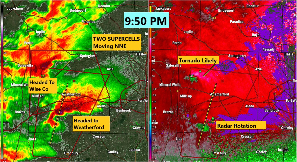 EvanAndrewsWX's tweet photo. 9:50PM: Two supercells to the west of FTW continue to head NNE and have had a history of producing tornadoes. One is south of Weatherford and will head into the city. Please take sirens seriously.
Other is in rural Parker co and will move NE into southern Wise co. https://t.co/BEmY8i3kW2
