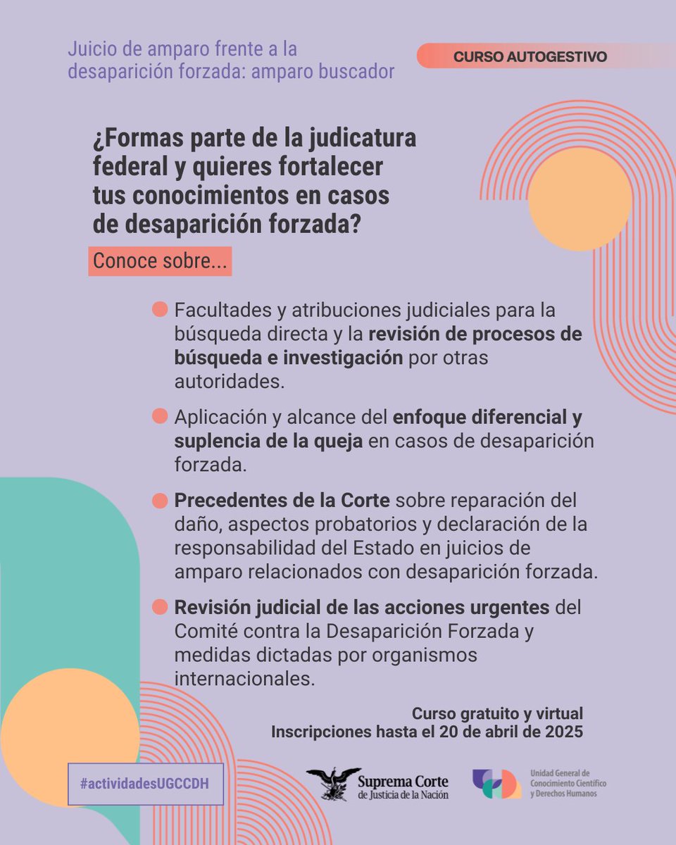 ddhh_scjn's tweet photo. El curso autogestivo "Juicio de amparo frente a la desaparición forzada: Amparo buscador", ofrece una guía práctica para resolver estos casos y garantizar el acceso a los #DDHH.
📋+info: https://t.co/rqWFO3updr
#NoALaDesaparición #UGCCDH https://t.co/jLONQDBmQk